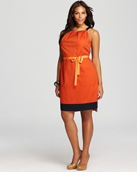 Hue-happy citrus juices up this sleek Tahari Woman Plus shift, while a bold color block pattern punctuates the clean lines for on-trend take on workweek wear.