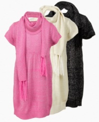 Drab dressing turns in into fabulous fun with these sweater dresses with matching scarves. Lovable layering for her back-to-school style. (Clearance)