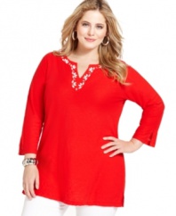 Add polish to your casual wear with J Jones New York's three-quarter-sleeve plus size tunic top, accented by a beaded neckline.