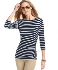 An exposed zipper updates this otherwise classically striped MICHAEL Michael Kors petite top for a look that's chic for spring!