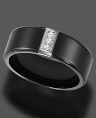 Go your own way. This sleek men's ring by Triton features a stylish and comfortable fit. Crafted in black titanium, ring features three, round-cut, vertically-set diamond accents. Approximate band width: 8 mm. Sizes 8-15.