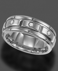This Triton ring embodies strength and sophistication. Three round-cut diamonds (1/10 ct. t.w.) sit in a comfortable, patterned band. Crafted in titanium. Approximate band width: 8 mm. Sizes 8-15.