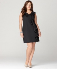 Flaunt your feminine flair with DKNYC's sleeveless plus size dress, finished by a ruffled front-- wear it from day to date night!
