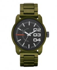 Set your mission and count down to success with this tough watch by Diesel. Brushed green aluminum bracelet and round stainless steel case with green aluminum finish. Matte black dial features stick indices, minute track, large numerals at two, three and four o'clock, orange logo and three hands. Quartz movement. Water resistant to 100 meters. Two-year limited warranty.