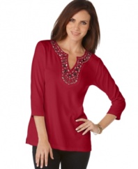 Get eclectic style with this chic petite tunic from Karen Scott! A studded neckline instantly spices up your look when you pair it with jeans. (Clearance)