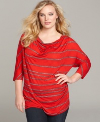 Snag on-trend style with DKNYC's three-quarter sleeve plus size top, accented by a striped pattern.