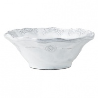 Handmade from Venetian terra marrone, or brown clay, this pretty white cereal bowl is embellished with a rustically feminine lace motif.