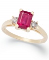 Look on the bright side. This beautiful ring features a three-stone design with an emerald-cut ruby (1-5/8 ct. t.w.) and round-cut diamond side stones (1/5 ct. t.w.). Set in 14k gold.