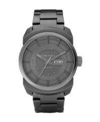 The modern man's trusty sidekick. Watch by Diesel crafted of gray ion-plated stainless steel bracelet and round case. Textured matte gray dial features numerals, stick indices, day and date window at three o'clock, three hands and logo. Quartz movement. Water resistant to 50 meters. Two-year limited warranty.