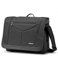 Put all of your electronics in one bag. Be prepared with this fully-stocked messenger back that has space for every essential with a PerfectFit™ system that secures a range of laptop sizes, front pocket organization with a padded tablet pocket and a quick stash zippered area for your smart phone. The answer to your busy day!