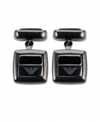 Add dimension to your favorite work shirt with shapely cuff links. Square black ceramic features the company logo on the surface. Approximate diameter: 1-1/4 inches.
