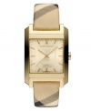 This Burberry timepiece features a Haymarket check printed leather strap and square gold ion-plated stainless steel case. Gold tone sunray dial features check pattern, applied gold tone stick indices, black minute track, date window at six o'clock, three hands and logo. Swiss quartz movement. Water resistant to 50 meters. Two-year limited warranty.