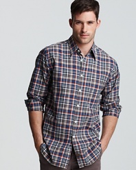 A dapper check pattern livens things up with this crisp cotton sport shirt from Billy Reid.