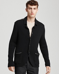 A cardigan-style jacket from John Varvatos Star USA, brought to life with faux-leather trim at the collar, elbows and back.