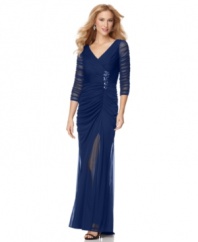 Demure but still a bit daring, the sheer sleeves and overlay of this gown from Adrianna Papell's collection of petite apparel allow peeks of skin without being too revealing.