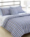 Fine blue and white stripes in pure 200-thread count cotton enhance this sheet set from Tommy Hilfiger for a classic appeal.