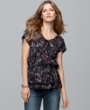 A sketch-like floral print gives this breezy, blouson-style top by DKNY Jeans a romantic feel. Lace trim at the neck and double-tiered hem add to the allure! (Clearance)