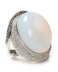 A classically glam look from Judith Jack. Glittering crystals frame a large opal stone with luminescent milky depth - the perfect ring for chiffon.