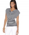 Black and white stripes shine on this draped top from Bar III.