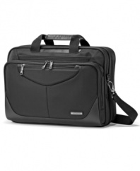 Put all of your electronics in one bag. Be prepared with this fully-stocked brief that has space for every essential with a PerfectFit™ system that secures a range of laptop sizes and front pocket organization with a padded tablet pocket. The slim and stylish portfolio design is checkpoint-friendly, so you pass through airport security hassle free.