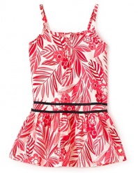 Tropical prints in sunny colors bring resort style to Juicy Couture's pretty pleated dress.