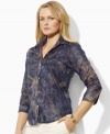 This lustrous cotton sateen plus size shirt from Lauren by Ralph Lauren is elegantly tailored with three-quarter sleeves in an earthy floral print for a hint of bohemian chic.