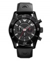 A contemporary black-on-black chronograph, by Emporio Armani. Watch crafted of black logo-stamped rubber strap and round black-plated stainless steel case with black bezel. Textured black chronograph dial features silver tone stick indices, minute track, date window at six o'clock, three subdials, three hands and logo. Quartz movement. Water resistant to 50 meters. Two-year limited warranty.