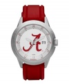 Show your Crimson Tide loyalty every second of the day with this signature team watch from Fossil. Red polyurethane strap and round stainless steel case. Bezel etched with numerals and stick indices. White dial features large red University of Alabama logo, printed minute track and stick indices at outer ring, date window at three o'clock and luminous hands. Quartz movement. Water resistant to 100 meters. Eleven-year limited warranty.
