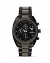 A hard-hitting take on sporty style, Emporio Armani's bold black-faced chronograph is an athletic add-on. Wear it to work or to work out; it will be on-trend anywhere you fasten it.