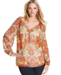 Capture a tropical spirit with Charter Club's long sleeve plus size peasant top, broadcasting a vivacious print.