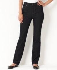 Classic fit and a contouring feature combine in these straight leg petite jeans by Charter Club. A slimming panel at the tummy ensures a smooth silhouette!