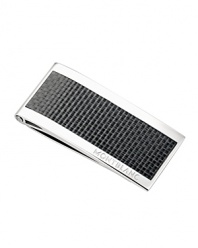 Featuring a shiny stainless steel base with a black carbon inlay, this unique money clip signals modern refinement and impeccable taste.
