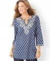Pattern play: This petite Charter Club tunic puts a graphic touch on your look. Embroidery at the neckline and cuffs lends a worldly vibe, too! (Clearance)