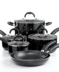 Keep your cool when cooking! This comprehensive set brings nonstick technology to the helm of your kitchen, creating delicious healthy meals made with less fat and oil. The porcelain-enameled body of each piece promotes quick and even heating that produces masterful results each and every time. Limited lifetime warranty.
