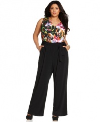 Land an on-trend look with NY Collection's sleeveless plus size jumpsuit, showcasing a printed top and belted waist.