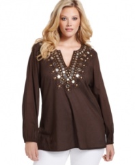 Get noticed with MICHAEL Michael Kors' long sleeve plus size tunic top, accented by elaborate beading.