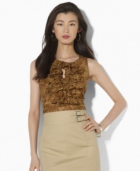 A cascade of ruffles and an eclectic pattern of earth-tone paisley impart easy elegance to Lauren by Ralph Lauren's petite sleeveless blouse in lightweight cotton voile.