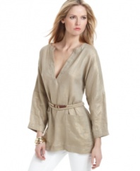 Linen goes luxe with MICHAEL Michael Kors' newest tunic, featuring a metallic finish and a removable rope belt with a faux leather buckle.
