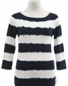 Michael Kors Navy/White Striped Cotton Blend 3/4 Sleeve Ribbed Shirt Top