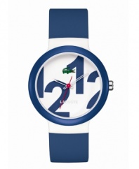 Classic nautical style you've come to love from Lacoste. Unisex Goa watch crafted of navy silicone strap and round plastic case with navy bezel. White dial features 1212 print, iconic crocodile logo at twelve o'clock, cut-out hour and minute hands, and red second hand. Quartz movement. Water resistant to 30 meters. Two-year limited warranty.