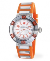 Icy crystals glamorize this bright athletic-inspired Octea Sport watch by Swarovski. Orange rubber strap with six clear crystals and round stainless steel case. Clear crystal rotating bezel. Silver sunray dial features applied orange numerals and stick indices, minute track, date window at three o'clock, luminous hour and minute hands, orange second hand and logo. Swiss quartz movement. Water resistant to 30 meters. Two-year limited warranty.
