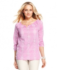 An airy eyelet pattern beautifies Charter Club's three-quarter sleeve plus size top-- snag season-perfect style! (Clearance)