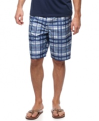 Check great warm-weather style off your list with these plaid board shorts from Izod.