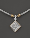 A yellow gold and stainless steel square necklace with diamonds. Designed by Charriol.