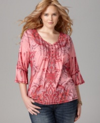 Ruffled cuffs lend feminine flair to One World's three-quarter sleeve plus size top, flaunting a sublimated paisley print-- pair it with your go-to jeans!