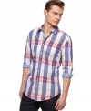 Spring into new patterns this season with this bright plaid shirt from Hugo Boss ORANGE.