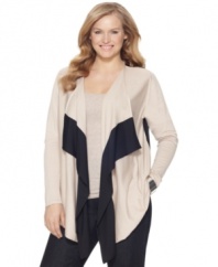 Snag an on-trend look with DKNYC's long sleeve plus size cardigan, featuring a colorblocked pattern!
