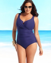 A simply chic plus size swimsuit from Miraclesuit with gentle ruching at the waist for added flatter power.