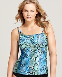 A snakeskin print in a palette inspired by land and sea shines on this Becca Etc. one shoulder tankini.