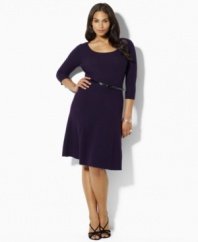 Plus size fashion that's beautifully tailored. Soft merino wool, a chic scoop neckline and a patent leather belt update the essential sweater dress, courtesy of Lauren by Ralph Lauren collection of plus size clothes. (Clearance)